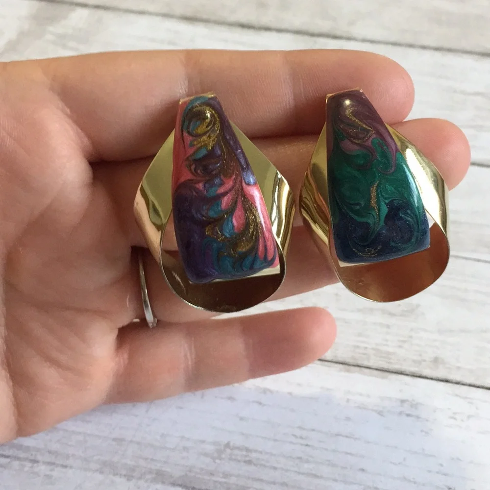 Vintage Enamel  Swirl Pattern Earrings 80's Multicolor Gold Tone Bright Colors